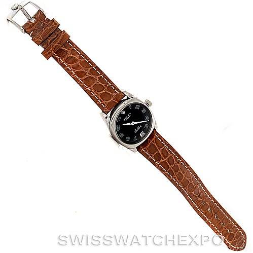 This image shows a top view of the Rolex Cellini 6229 Women's White Gold Black Dial 6229 Women's White Gold Black Dial watch with a brown leather strap and silver buckle.