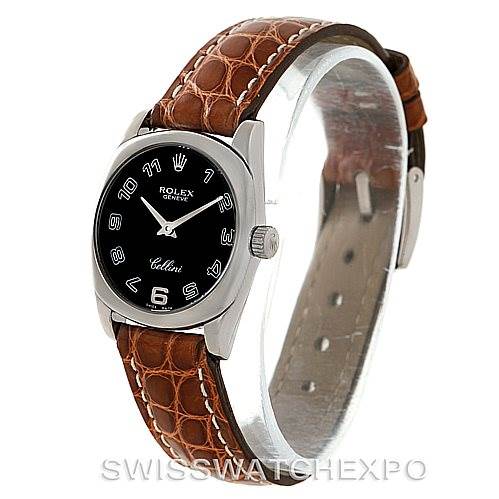 This Rolex Cellini 6229 Women's White Gold Black Dial 6229 Women's White Gold Black Dial watch is shown at a slight angle, displaying the dial, bezel, crown, and leather strap.