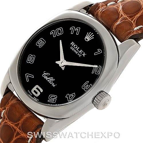 The image shows a Rolex Cellini 6229 Women's White Gold Black Dial 6229 Women's White Gold Black Dial watch at a slight angle, displaying the dial, crown, and part of the leather strap.