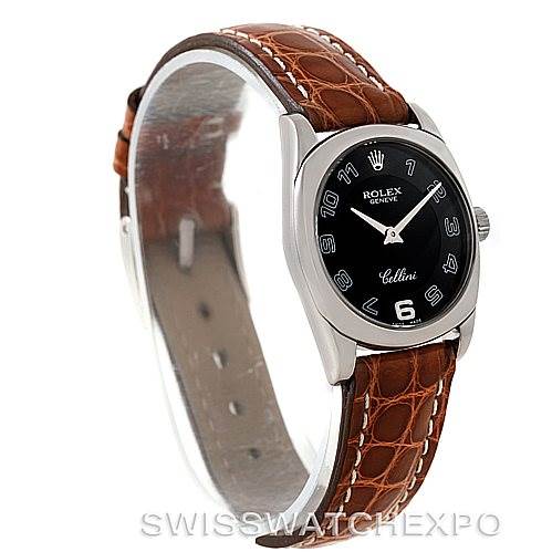 The image shows a Rolex Cellini 6229 Women's White Gold Black Dial 6229 Women's White Gold Black Dial watch at a three-quarter angle, highlighting the brown leather strap and black dial.