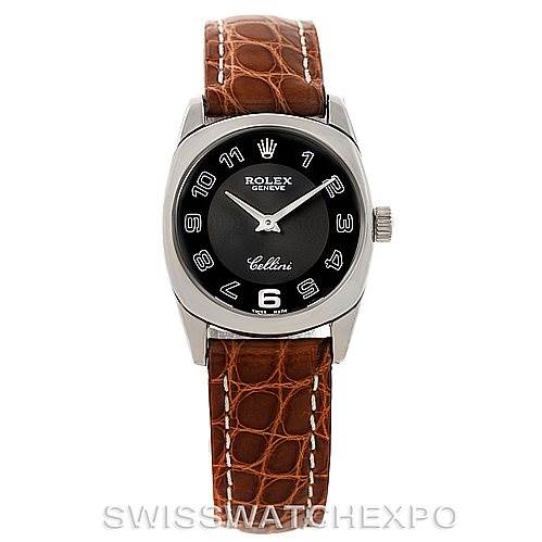 This image shows a front view of a Rolex Cellini 6229 Women's White Gold Black Dial 6229 Women's White Gold Black Dial watch with a brown leather strap and a black dial.