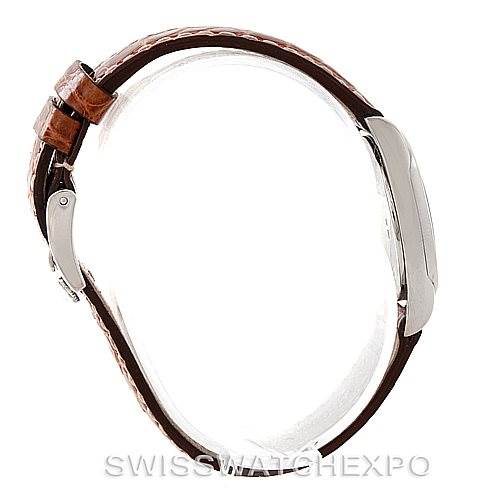 The image shows a Rolex Cellini 6229 Women's White Gold Black Dial 6229 Women's White Gold Black Dial watch from a side profile, highlighting its case, crown, and leather strap.