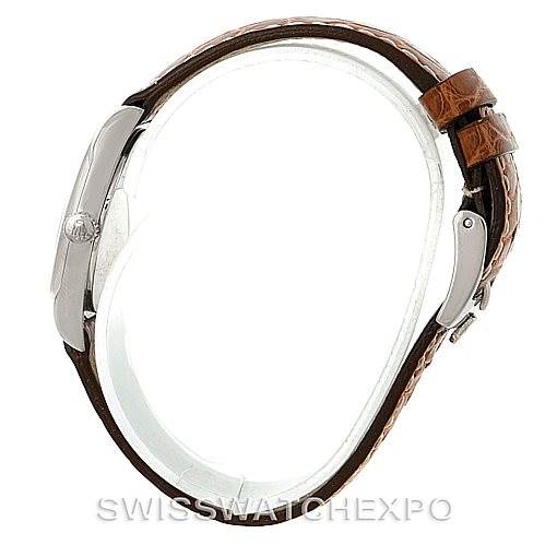 The Rolex Cellini 6229 Women's White Gold Black Dial 6229 Women's White Gold Black Dial watch is shown from a side angle, highlighting its case and brown leather strap.