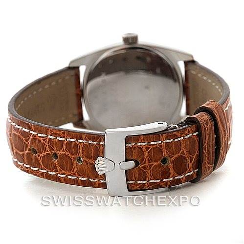 The image shows the back view of a Rolex Cellini 6229 Women's White Gold Black Dial 6229 Women's White Gold Black Dial watch, focusing on its leather strap and buckle.