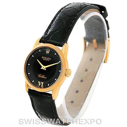 This image shows a Rolex Cellini 6111 Women's Yellow Gold Black Dial 6111 Women's Yellow Gold Black Dial watch with a black dial, gold case, and black leather strap at a frontal three-quarter angle.