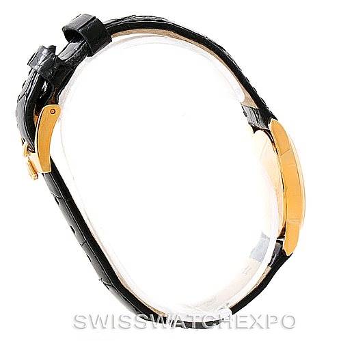 The image shows a side view of the Rolex Cellini 6111 Women's Yellow Gold Black Dial 6111 Women's Yellow Gold Black Dial watch, highlighting the case, crown, and black leather strap.