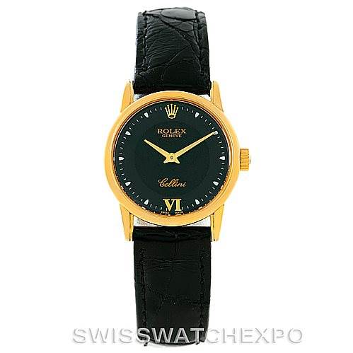 This image shows a frontal view of a Rolex Cellini 6111 Women's Yellow Gold Black Dial 6111 Women's Yellow Gold Black Dial watch with a black leather strap and a gold case.
