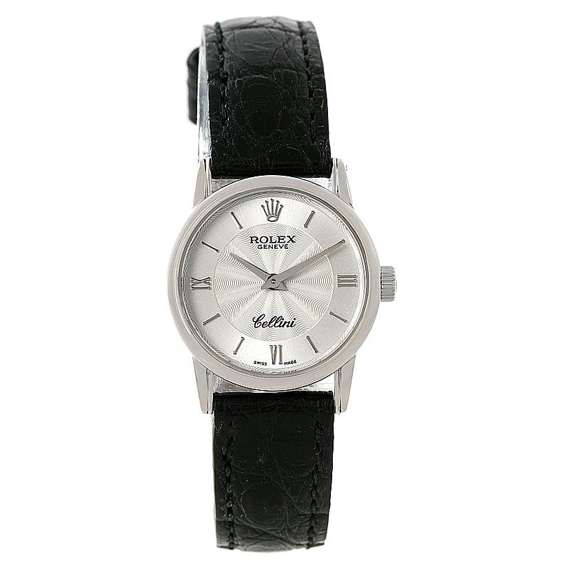 The image shows a front view of a Rolex Cellini 6111 Women's White Gold Silver Dial 6111 Women's White Gold Silver Dial watch, highlighting its face, dial, and leather strap.