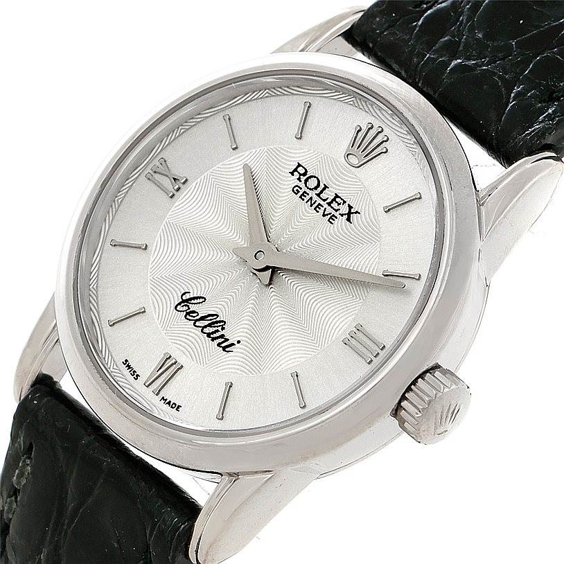 This image shows a front angle of the Rolex Cellini 6111 Women's White Gold Silver Dial 6111 Women's White Gold Silver Dial watch, displaying the face, crown, and leather strap.
