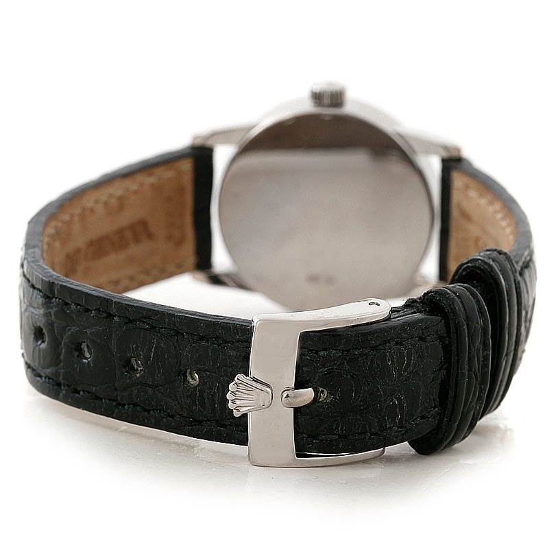 This image shows the back of the strap and clasp of a Rolex Cellini 6111 Women's White Gold Silver Dial 6111 Women's White Gold Silver Dial watch.