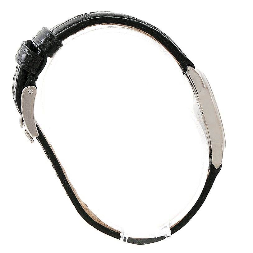 This Rolex Cellini 6111 Women's White Gold Silver Dial 6111 Women's White Gold Silver Dial watch is shown from a side profile, highlighting the strap, buckle, and slim case.