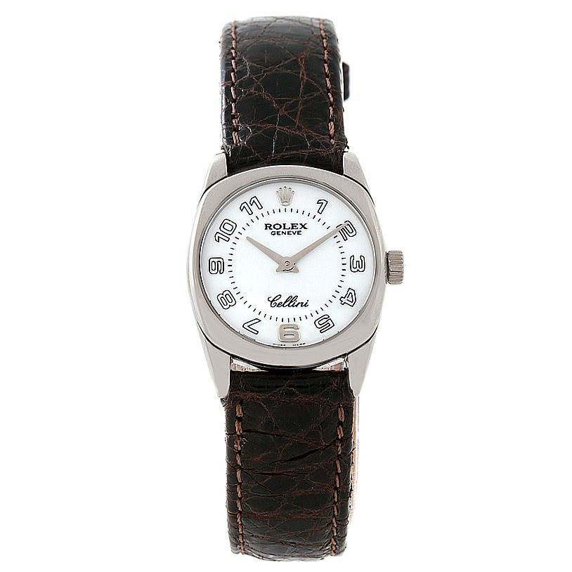 This image shows a frontal view of the Rolex Cellini 6229 Women's White Gold White Dial 6229 Women's White Gold White Dial watch, displaying its dark leather strap and white dial with Arabic numerals.