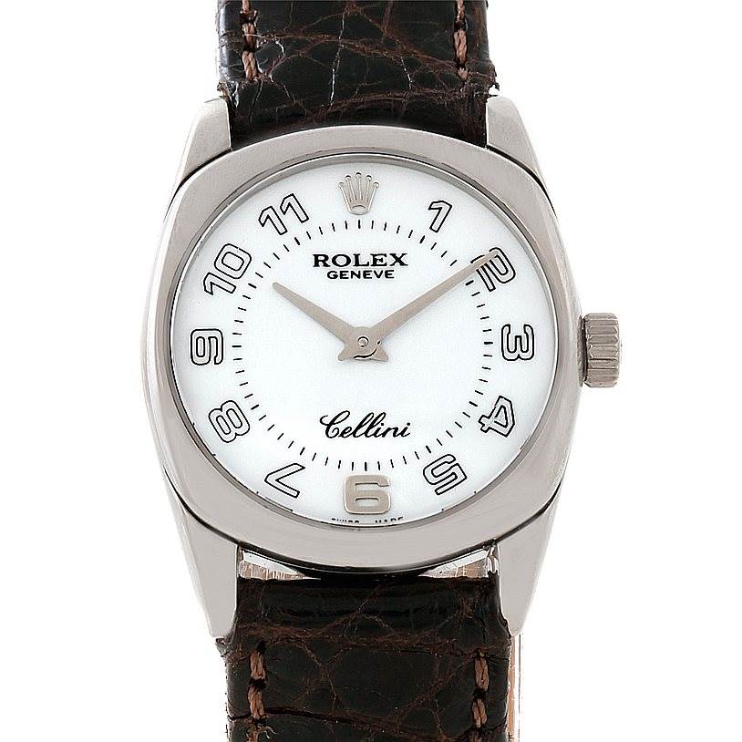 The image shows a frontal view of the Rolex Cellini 6229 Women's White Gold White Dial 6229 Women's White Gold White Dial watch with a white dial, numerals, and a brown leather strap.