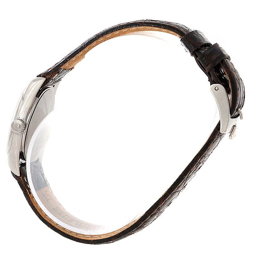 The image shows a side profile of a Rolex Cellini 6229 Women's White Gold White Dial 6229 Women's White Gold White Dial watch, highlighting its black leather strap and clasp.