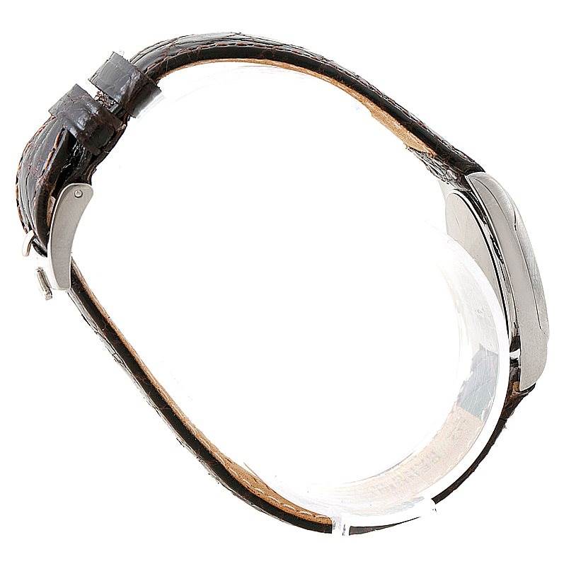 The image shows a side view of a Rolex Cellini 6229 Women's White Gold White Dial 6229 Women's White Gold White Dial watch, highlighting the leather strap and case.