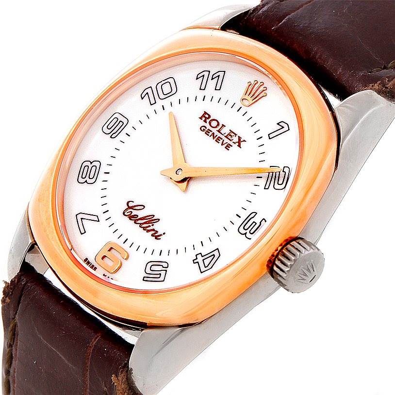 The image shows a close-up of the Rolex Cellini 6229 Women's White Gold White Dial 6229 Women's White Gold White Dial watch face, crown, and part of the brown leather strap.