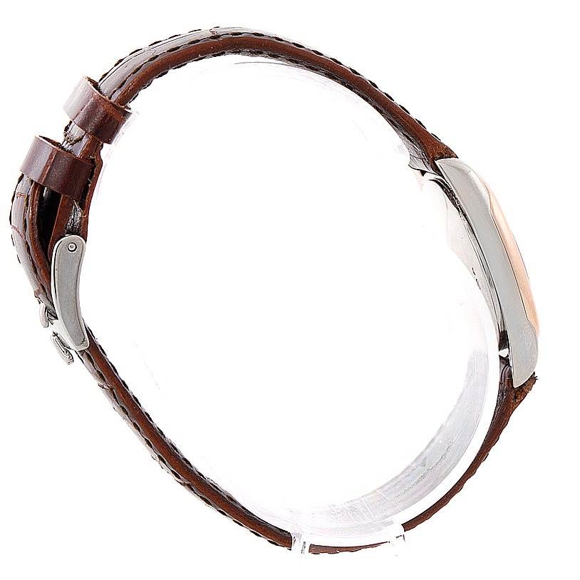 This image shows a side view of the Rolex Cellini 6229 Women's White Gold White Dial 6229 Women's White Gold White Dial watch, highlighting its leather strap and clasp.