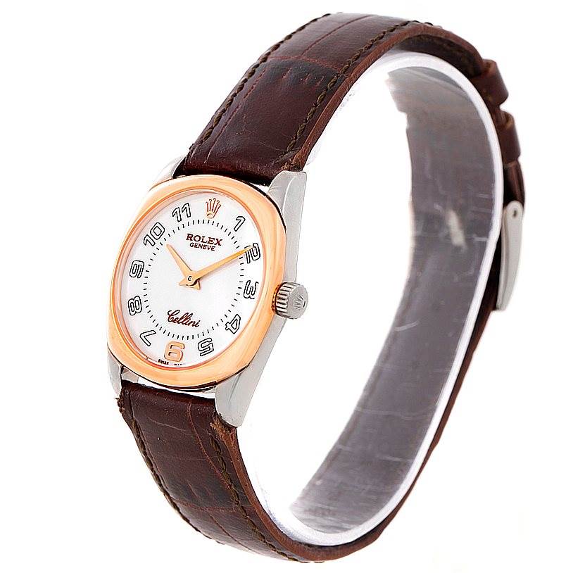 The image shows a Rolex Cellini 6229 Women's White Gold White Dial 6229 Women's White Gold White Dial model watch at a slight angle, highlighting the face, strap, and crown.