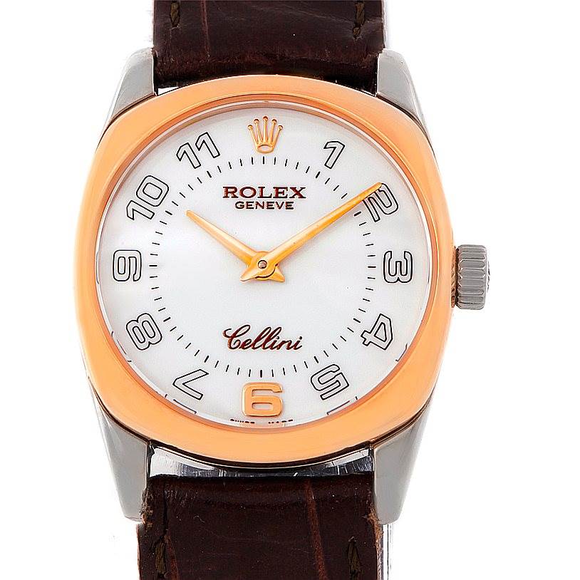 The image shows a front angle of a Rolex Cellini 6229 Women's White Gold White Dial 6229 Women's White Gold White Dial watch, highlighting the dial, case, and part of the leather strap.