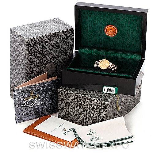 The image shows a Rolex Cellini 6621 Women's Yellow Gold Champagne Dial 6621 Women's Yellow Gold Champagne Dial watch in its open box, accompanied by packaging, booklets, and a cleaning cloth.