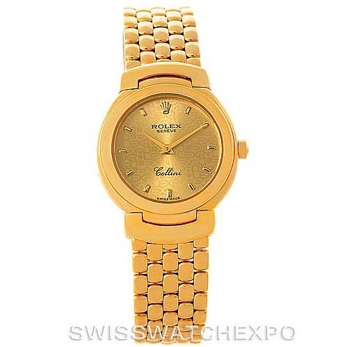 The image shows a Rolex Cellini 6621 Women's Yellow Gold Champagne Dial 6621 Women's Yellow Gold Champagne Dial watch from a front view, highlighting its gold face, bracelet, and the 'Cellini' inscription.