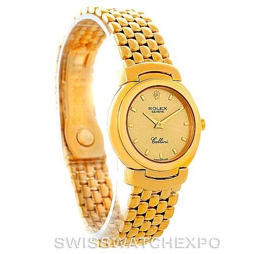 The image shows a gold Rolex Cellini 6621 Women's Yellow Gold Champagne Dial 6621 Women's Yellow Gold Champagne Dial watch at a side angle, highlighting the dial, bezel, crown, and bracelet.