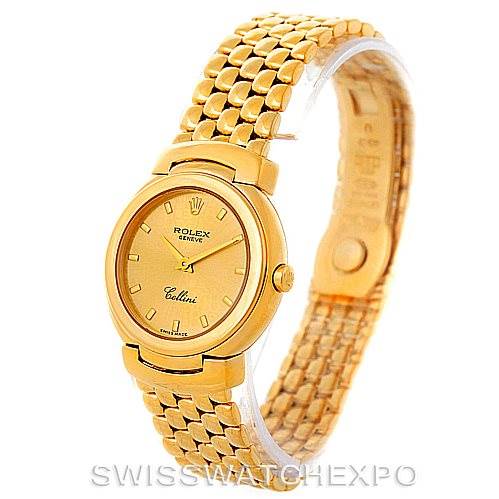 The image shows a Rolex Cellini 6621 Women's Yellow Gold Champagne Dial 6621 Women's Yellow Gold Champagne Dial watch at an angle highlighting its gold bracelet and round dial.