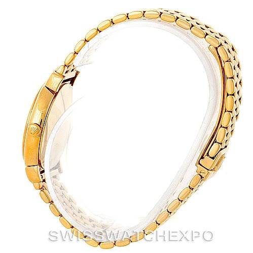 This image shows the side profile of a Rolex Cellini 6621 Women's Yellow Gold Champagne Dial 6621 Women's Yellow Gold Champagne Dial watch, highlighting its gold case, bezel, and bracelet.