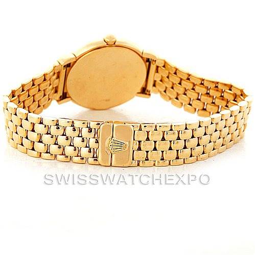 This image shows the back view of a Rolex Cellini 6621 Women's Yellow Gold Champagne Dial 6621 Women's Yellow Gold Champagne Dial model watch, focusing on the gold bracelet and clasp.