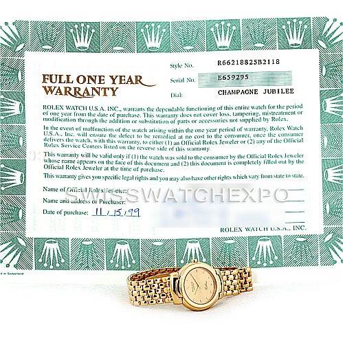 The image shows a Rolex Cellini 6621 Women's Yellow Gold Champagne Dial 6621 Women's Yellow Gold Champagne Dial watch laying flat with its warranty card displayed above it.