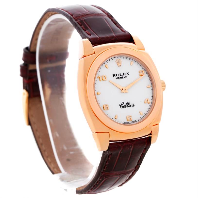 This Rolex Cellini 5320 Rose Gold White Dial 5320 Rose Gold White Dial watch is shown at a three-quarter angle, displaying the face, bezel, and brown leather strap.