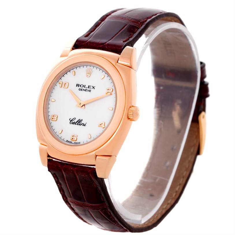 The image shows a front-left angled view of a Rolex Cellini 5320 Rose Gold White Dial 5320 Rose Gold White Dial watch, displaying its dial, strap, and case.
