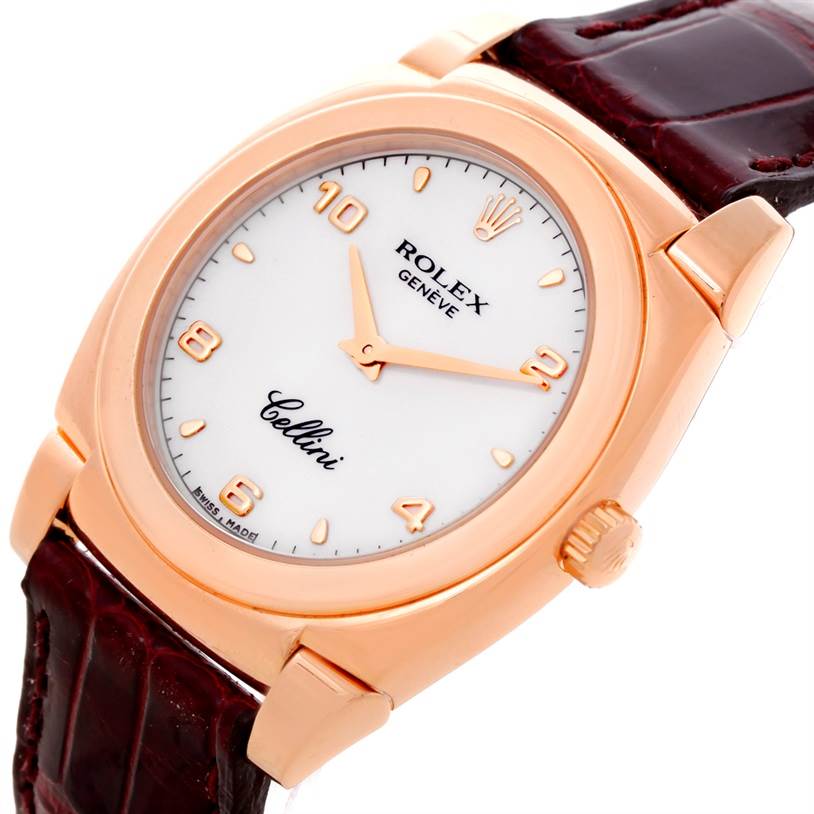 This image shows a Rolex Cellini 5320 Rose Gold White Dial 5320 Rose Gold White Dial watch at a slight angle, featuring its dial, crown, and a portion of its strap.