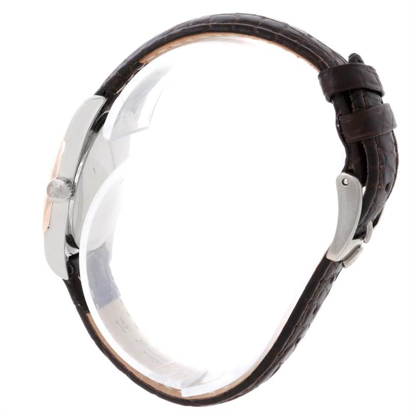 This image shows a side view of the Rolex Cellini 6229 Women's White Gold White Dial 6229 Women's White Gold White Dial watch, highlighting the case, crown, and brown leather strap.