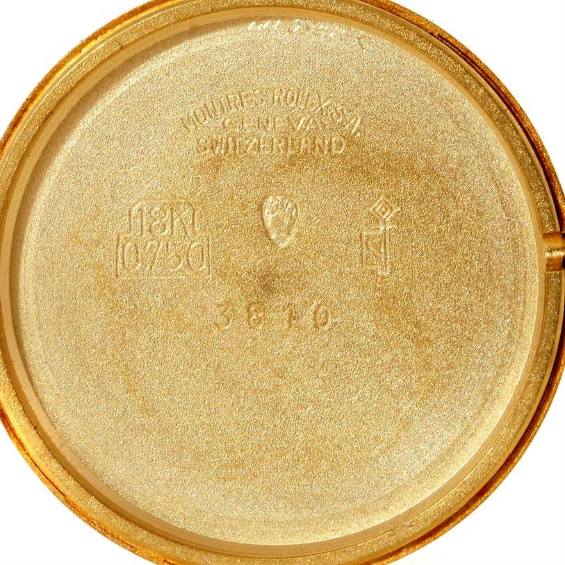 The image shows the inside of the case back of a Rolex Cellini 3810 Women's Yellow Gold Champagne Dial 3810 Women's Yellow Gold Champagne Dial watch, highlighting inscriptions and hallmarks.