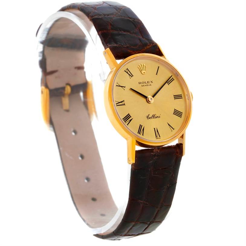 This Rolex Cellini 3810 Women's Yellow Gold Champagne Dial 3810 Women's Yellow Gold Champagne Dial watch is shown at a front angle displaying its dial, gold case, and brown leather strap.