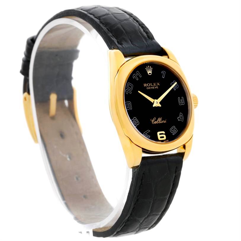 The image shows a Rolex Cellini 6229 Women's Yellow Gold Black Dial 6229 Women's Yellow Gold Black Dial model watch viewed from a front angle, highlighting the black dial, gold case, and black leather strap.