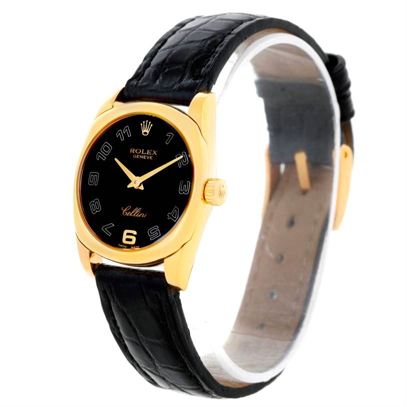 This image shows a Rolex Cellini 6229 Women's Yellow Gold Black Dial 6229 Women's Yellow Gold Black Dial watch from an angled front view, highlighting its black dial, gold case, and black leather strap.