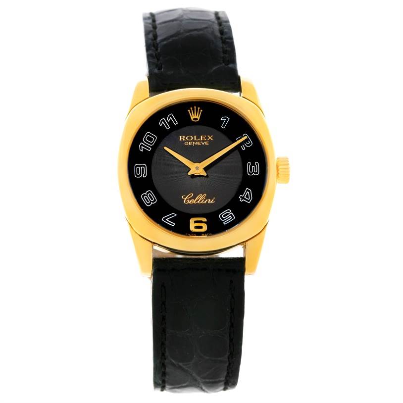 This image shows a front view of a Rolex Cellini 6229 Women's Yellow Gold Black Dial 6229 Women's Yellow Gold Black Dial watch, displaying its black dial, gold case, and black leather strap.