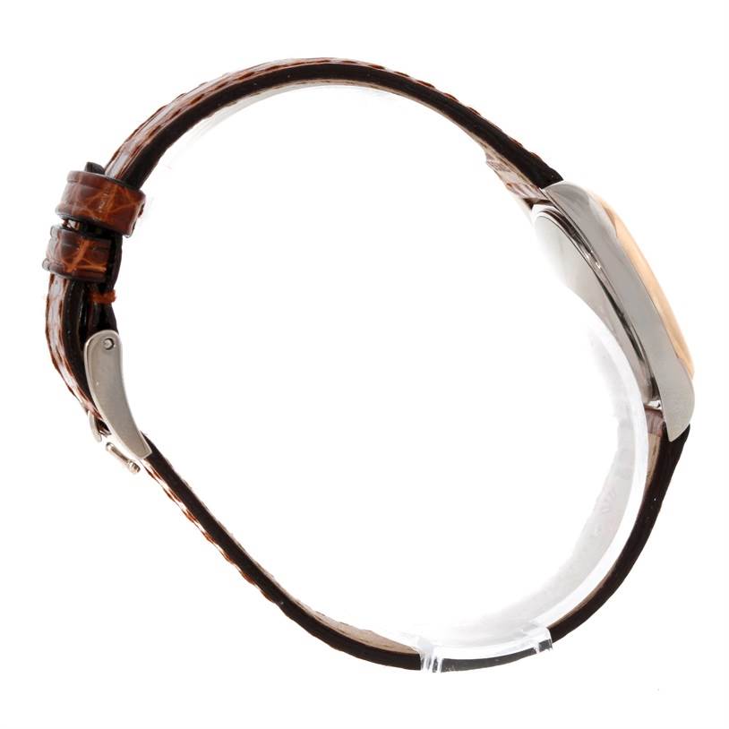 This image shows a side view of a Rolex Cellini 6229 Women's White Gold White Dial 6229 Women's White Gold White Dial watch, highlighting its leather strap and case.