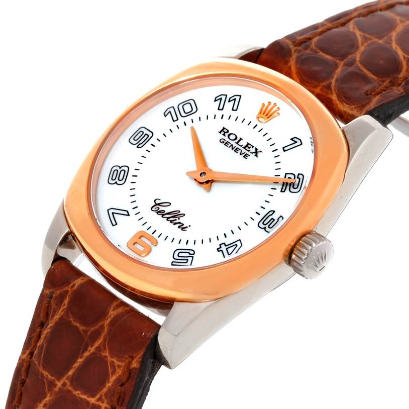 This is a close-up angle of the Rolex Cellini 6229 Women's White Gold White Dial 6229 Women's White Gold White Dial model watch, showing the face, hands, crown, and leather strap.