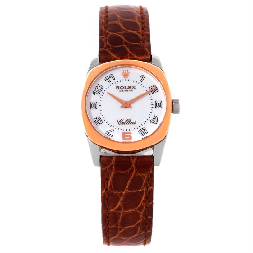 This image shows a head-on view of a Rolex Cellini 6229 Women's White Gold White Dial 6229 Women's White Gold White Dial watch featuring a white dial, rose gold bezel, and brown leather strap.