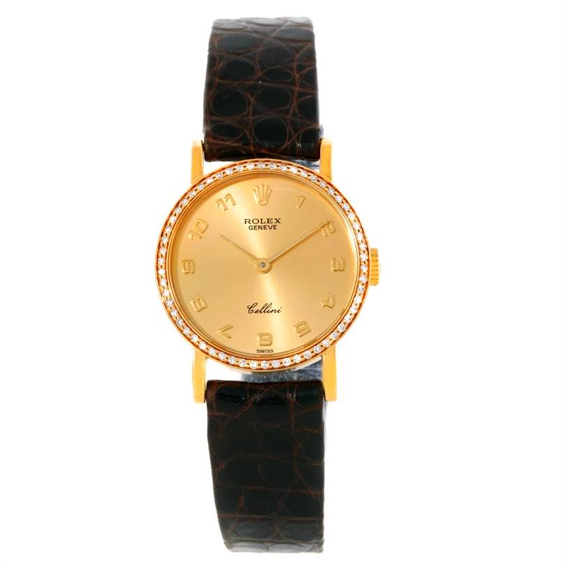 This image shows a front view of a Rolex Cellini 5113 Women's Yellow Gold Champagne Dial 5113 Women's Yellow Gold Champagne Dial watch, displaying the dial, bezel, and leather strap.