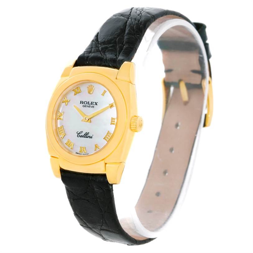 The Rolex Cellini 5310 Women's Yellow Gold Mother of Pearl Dial 5310 Women's Yellow Gold Mother of Pearl Dial watch is shown from a slight side angle highlighting its dial, case, crown, and leather strap.