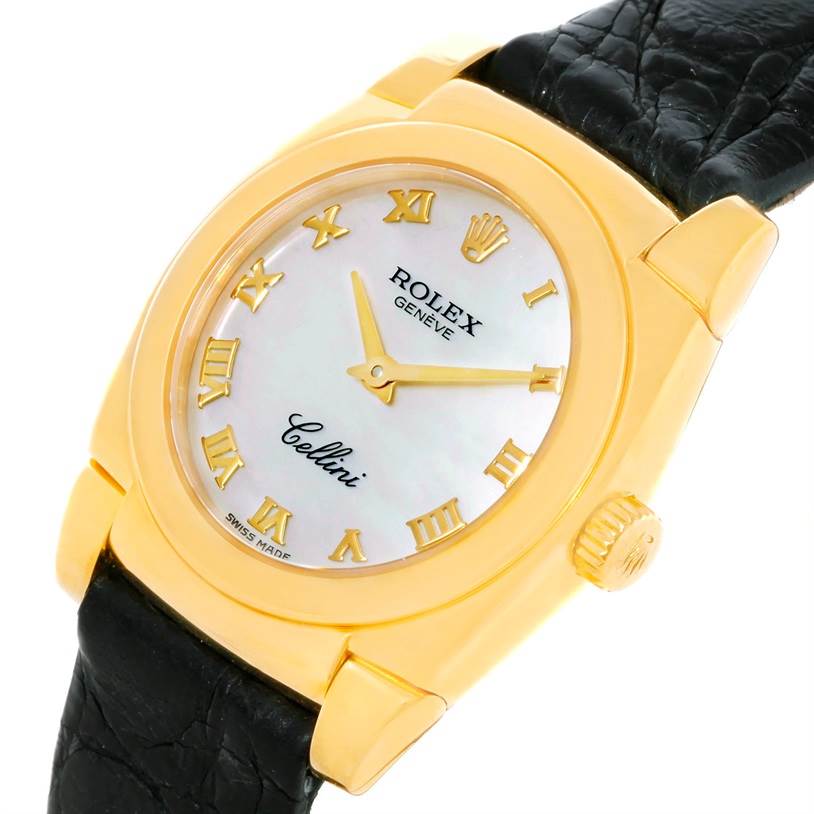 The Rolex Cellini 5310 Women's Yellow Gold Mother of Pearl Dial 5310 Women's Yellow Gold Mother of Pearl Dial watch is shown at an angled view, displaying the face, crown, and part of the black leather strap.