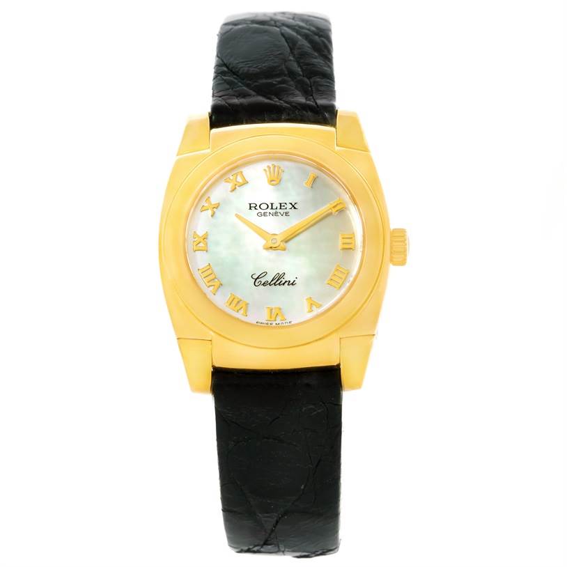 This image shows a front view of the Rolex Cellini 5310 Women's Yellow Gold Mother of Pearl Dial 5310 Women's Yellow Gold Mother of Pearl Dial watch featuring a gold case, Roman numeral markers, and a black leather strap.