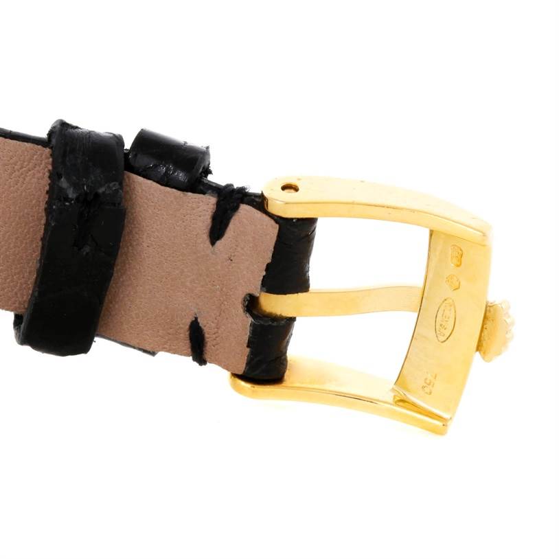 The image shows a close-up of the leather strap and gold buckle of a Rolex Cellini 5310 Women's Yellow Gold Mother of Pearl Dial 5310 Women's Yellow Gold Mother of Pearl Dial watch.