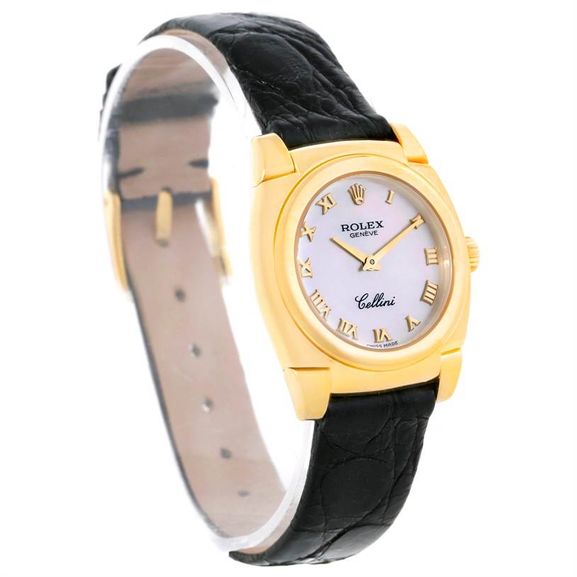 The Rolex Cellini 5310 Women's Yellow Gold Mother of Pearl Dial 5310 Women's Yellow Gold Mother of Pearl Dial watch is shown at an angle displaying the face, bezel, and part of the black leather strap.
