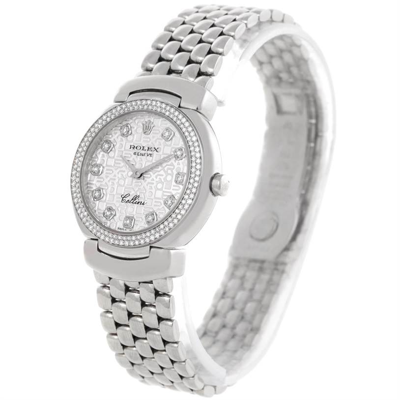 This image shows a Rolex Cellini 6671 Women's White Gold Silver Dial 6671 Women's White Gold Silver Dial watch at a three-quarter angle, highlighting its face, bezel, crown, and bracelet.