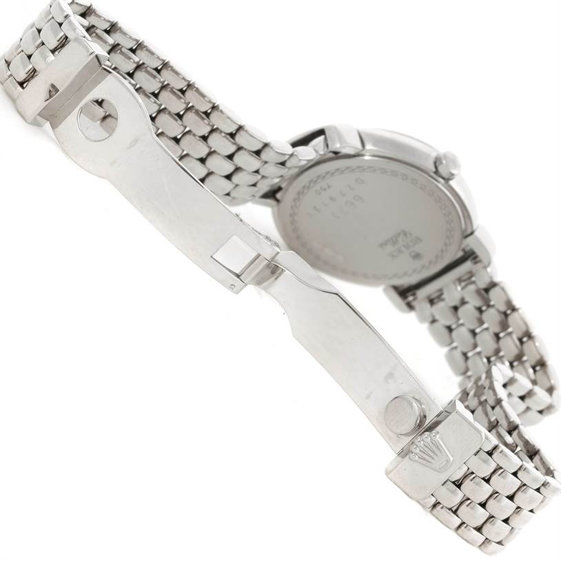 This image shows the back view of a Rolex Cellini 6671 Women's White Gold Silver Dial 6671 Women's White Gold Silver Dial watch, focusing on the opened clasp and the metal bracelet.